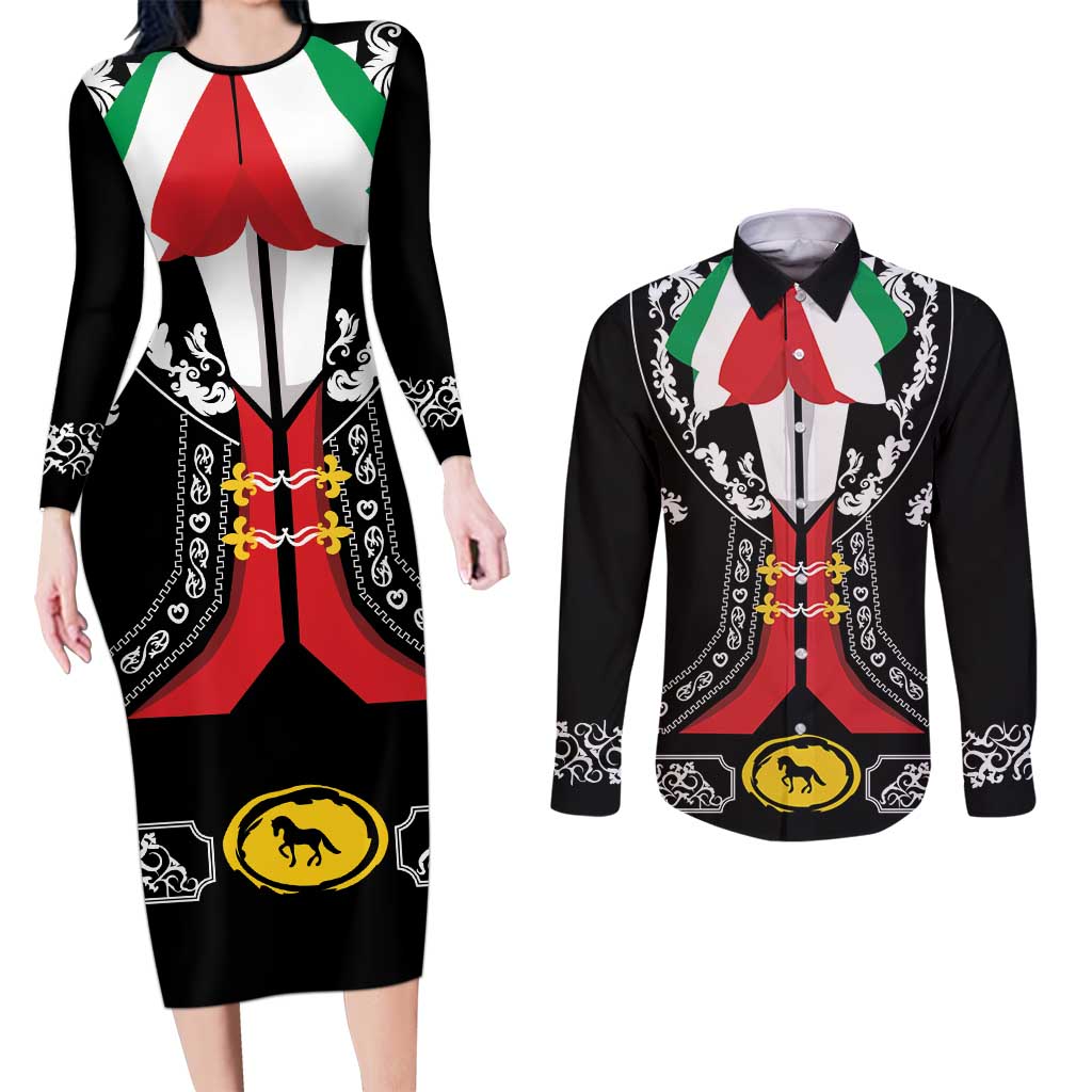 Mexican Trajes Charros Costume Couples Matching Long Sleeve Bodycon Dress and Long Sleeve Button Shirt