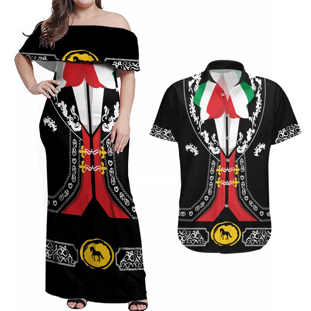 Mexican Trajes Charros Costume Couples Matching Off Shoulder Maxi Dress and Hawaiian Shirt