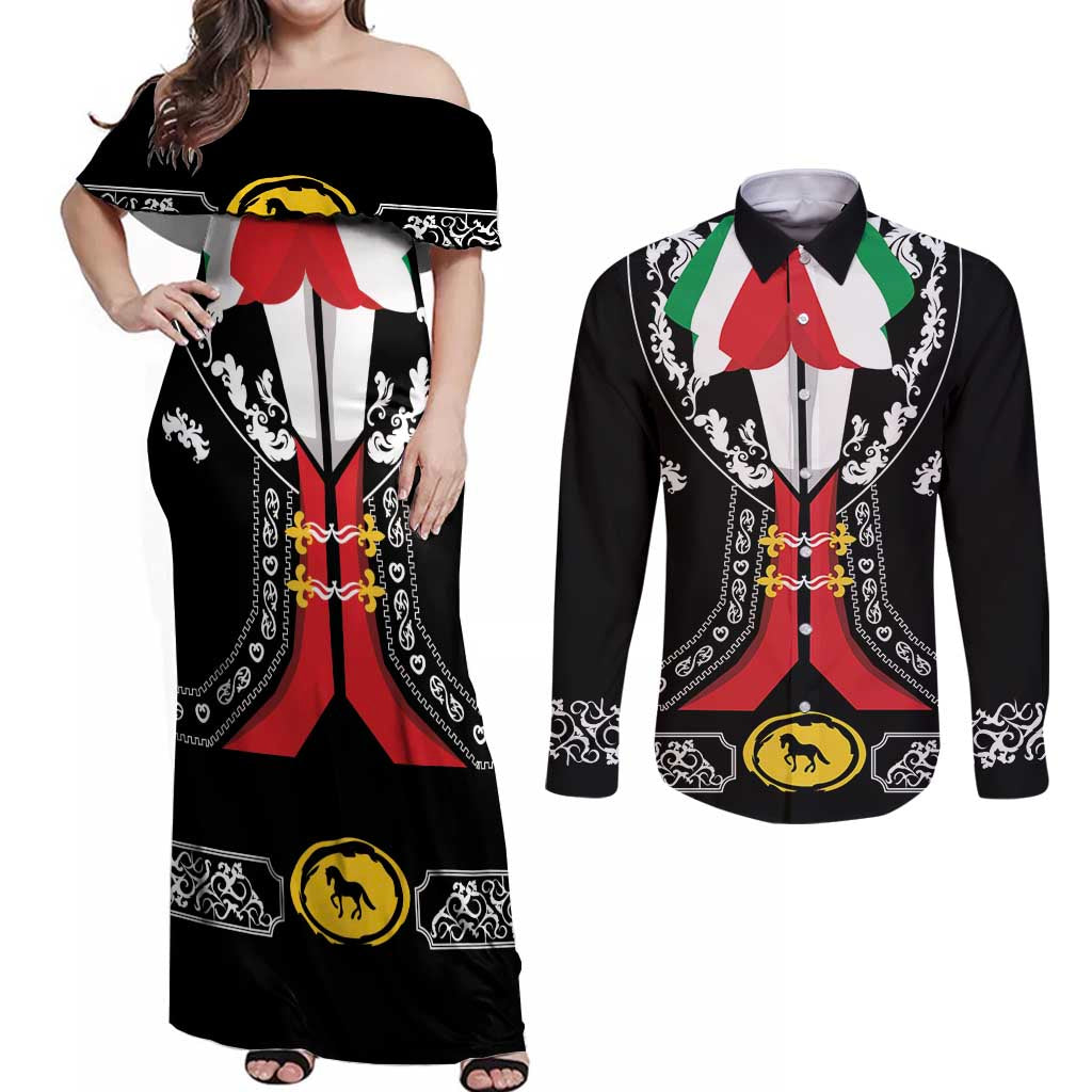 Mexican Trajes Charros Costume Couples Matching Off Shoulder Maxi Dress and Long Sleeve Button Shirt