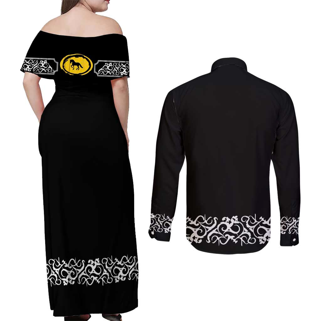 Mexican Trajes Charros Costume Couples Matching Off Shoulder Maxi Dress and Long Sleeve Button Shirt