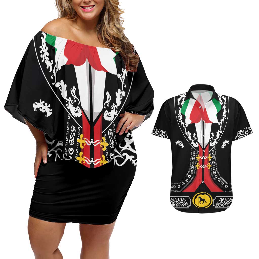 Mexican Trajes Charros Costume Couples Matching Off Shoulder Short Dress and Hawaiian Shirt