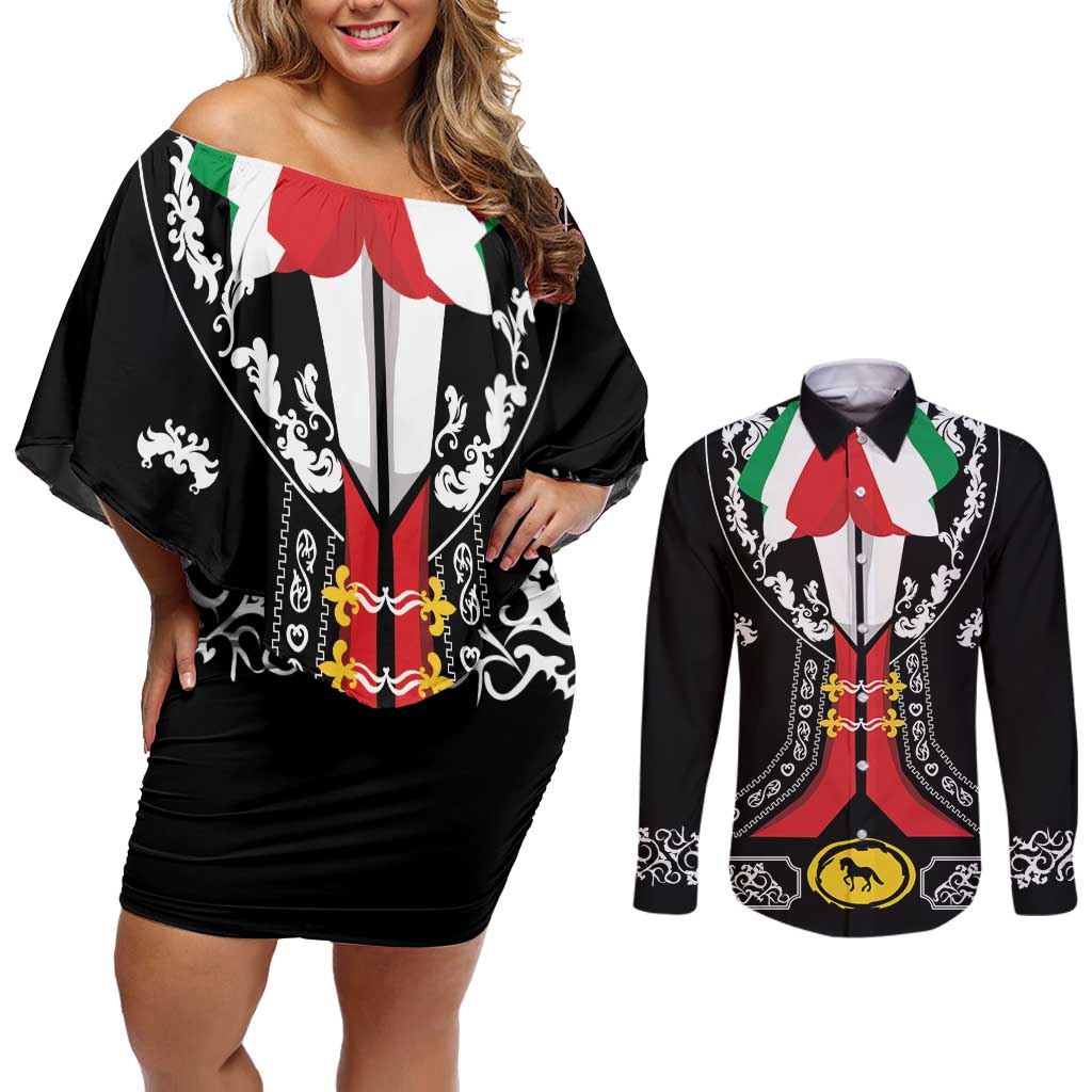 Mexican Trajes Charros Costume Couples Matching Off Shoulder Short Dress and Long Sleeve Button Shirt