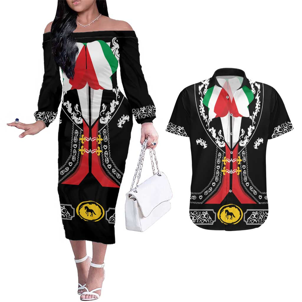 Mexican Trajes Charros Costume Couples Matching Off The Shoulder Long Sleeve Dress and Hawaiian Shirt