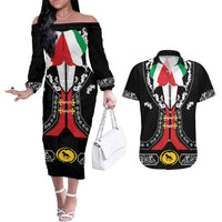 Mexican Trajes Charros Costume Couples Matching Off The Shoulder Long Sleeve Dress and Hawaiian Shirt