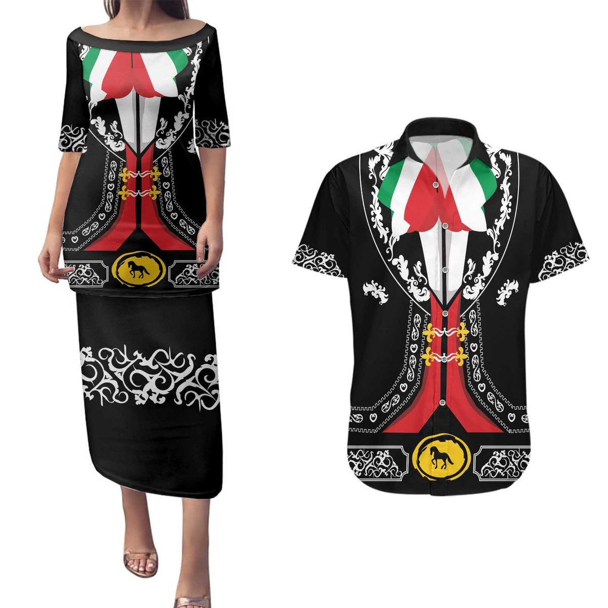 Mexican Trajes Charros Costume Couples Matching Puletasi and Hawaiian Shirt