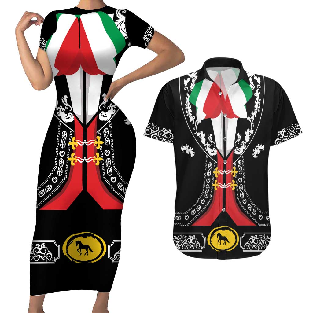 Mexican Trajes Charros Costume Couples Matching Short Sleeve Bodycon Dress and Hawaiian Shirt