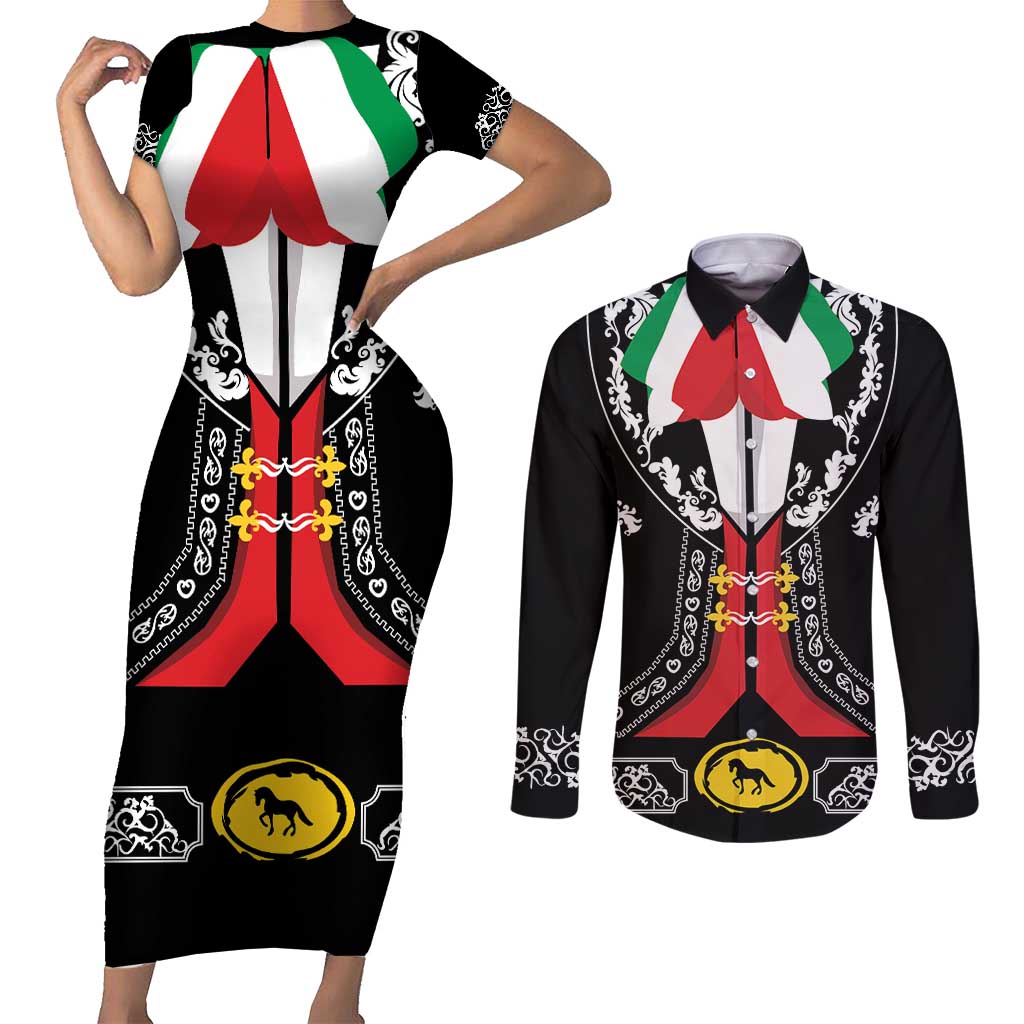 Mexican Trajes Charros Costume Couples Matching Short Sleeve Bodycon Dress and Long Sleeve Button Shirt