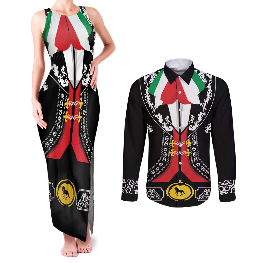 Mexican Trajes Charros Costume Couples Matching Tank Maxi Dress and Long Sleeve Button Shirt