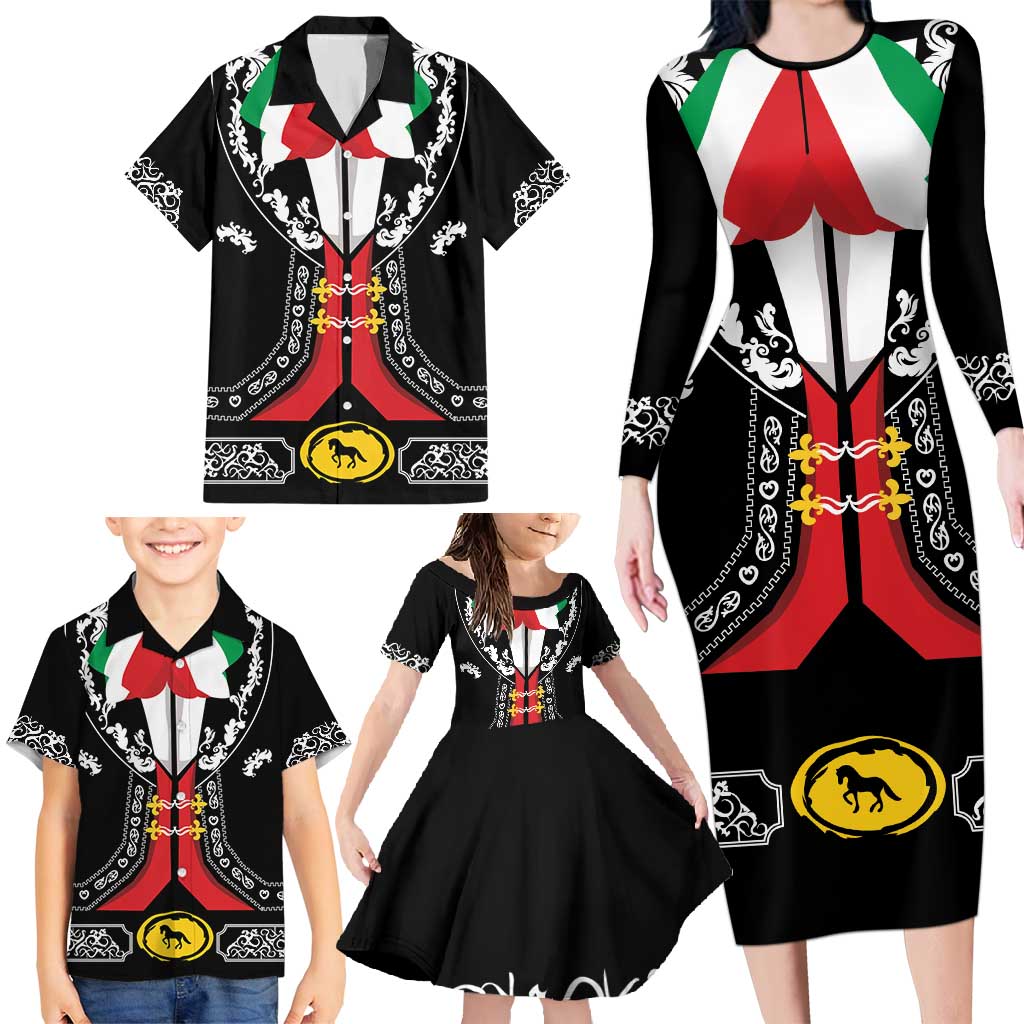 Mexican Trajes Charros Costume Family Matching Long Sleeve Bodycon Dress and Hawaiian Shirt