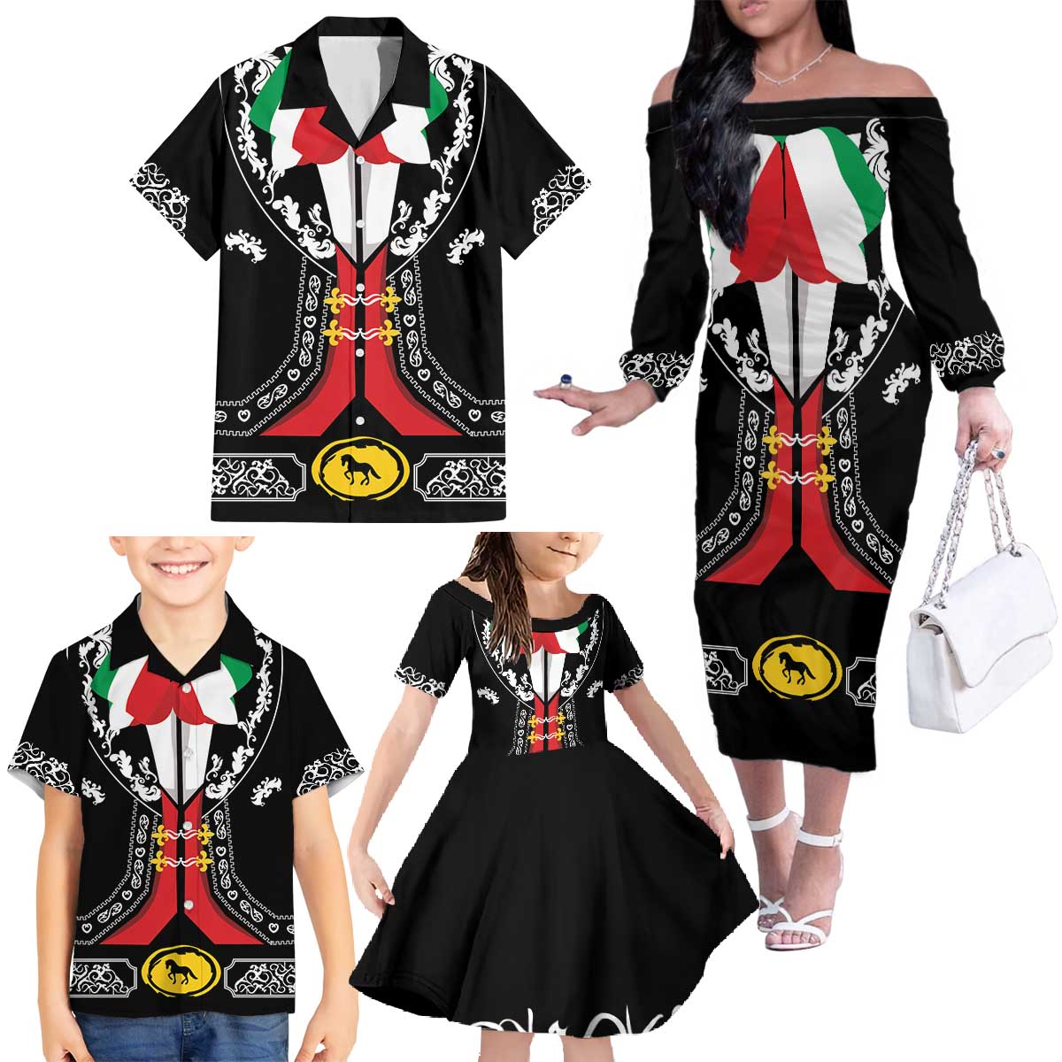 Mexican Trajes Charros Costume Family Matching Off The Shoulder Long Sleeve Dress and Hawaiian Shirt