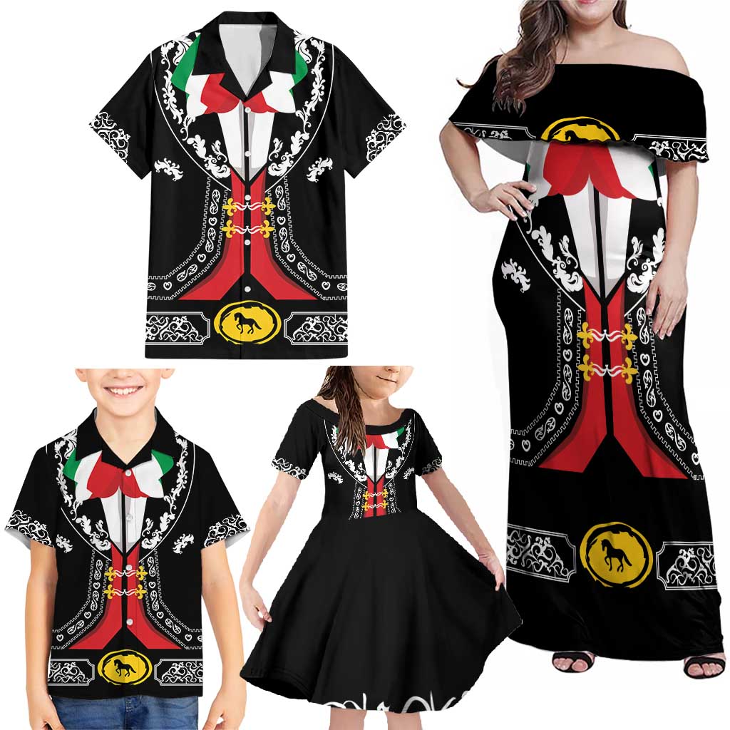 Mexican Trajes Charros Costume Family Matching Off Shoulder Maxi Dress and Hawaiian Shirt