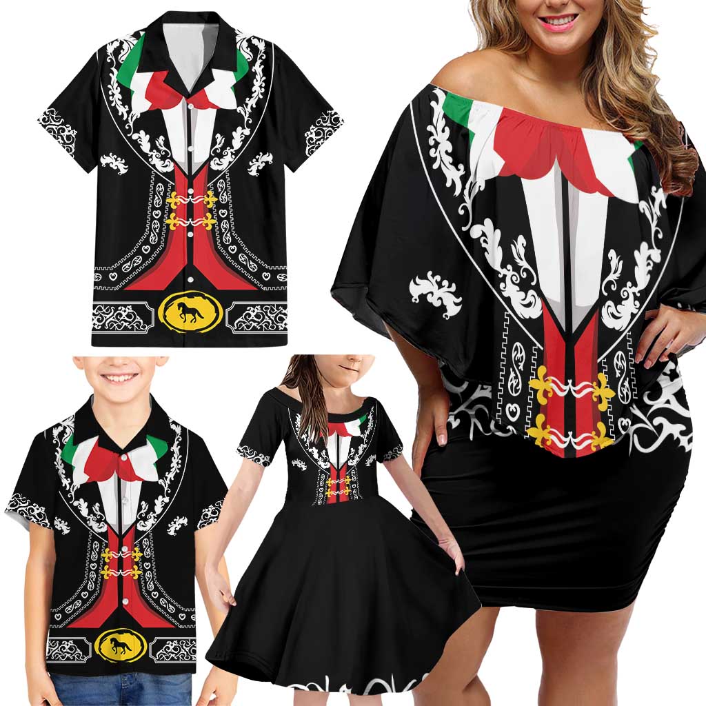 Mexican Trajes Charros Costume Family Matching Off Shoulder Short Dress and Hawaiian Shirt