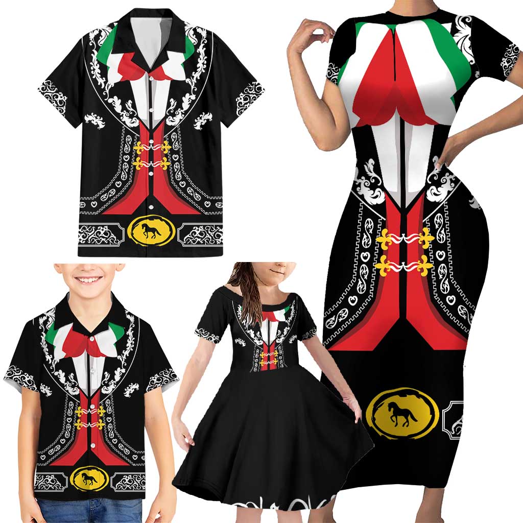 Mexican Trajes Charros Costume Family Matching Short Sleeve Bodycon Dress and Hawaiian Shirt