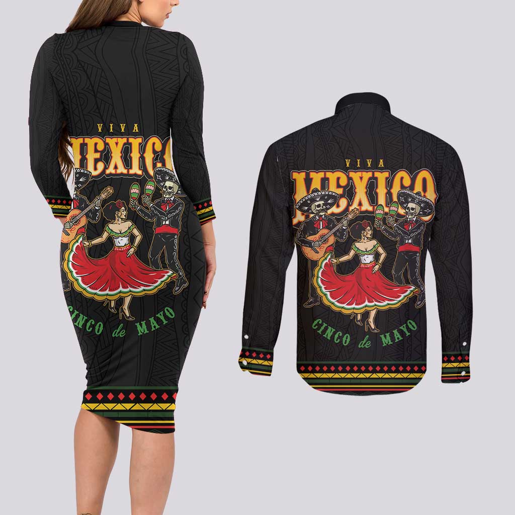 Mexico Cinco de Mayo Couples Matching Long Sleeve Bodycon Dress and Long Sleeve Button Shirt El Dia de la Batalla de Puebla