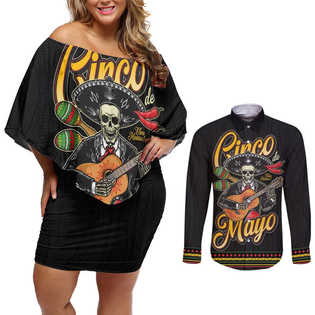 Mexico Cinco de Mayo Couples Matching Off Shoulder Short Dress and Long Sleeve Button Shirt El Dia de la Batalla de Puebla