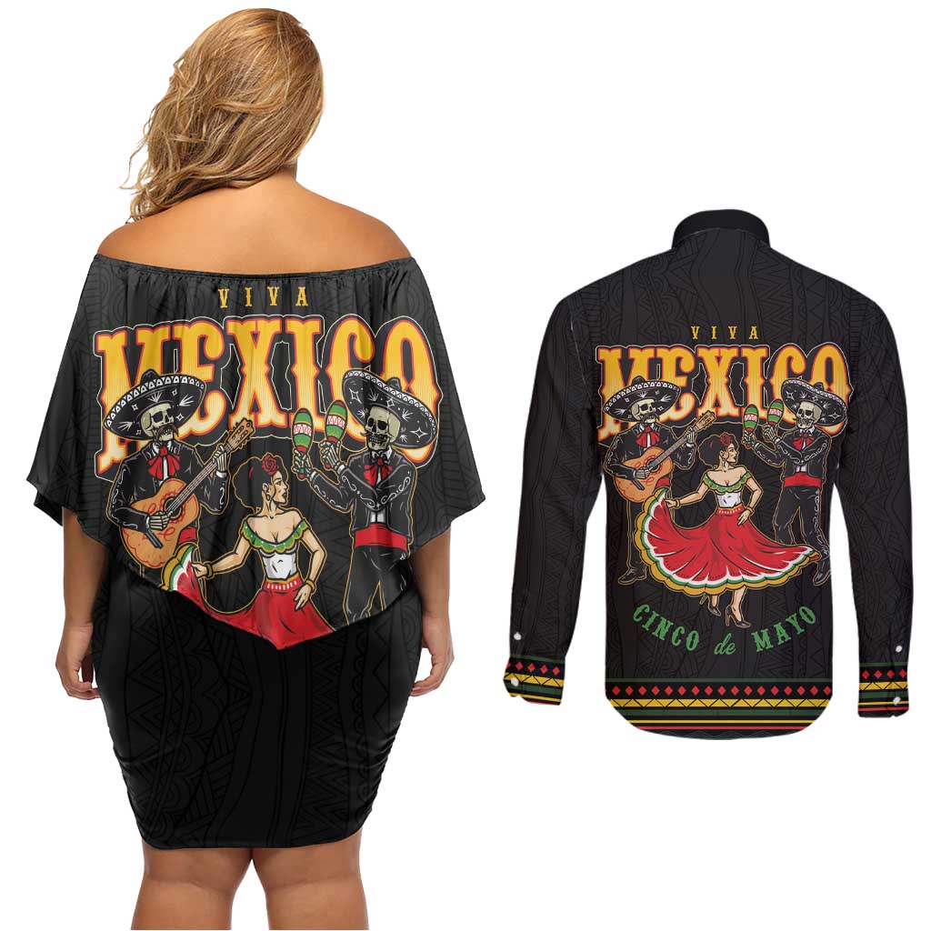 Mexico Cinco de Mayo Couples Matching Off Shoulder Short Dress and Long Sleeve Button Shirt El Dia de la Batalla de Puebla