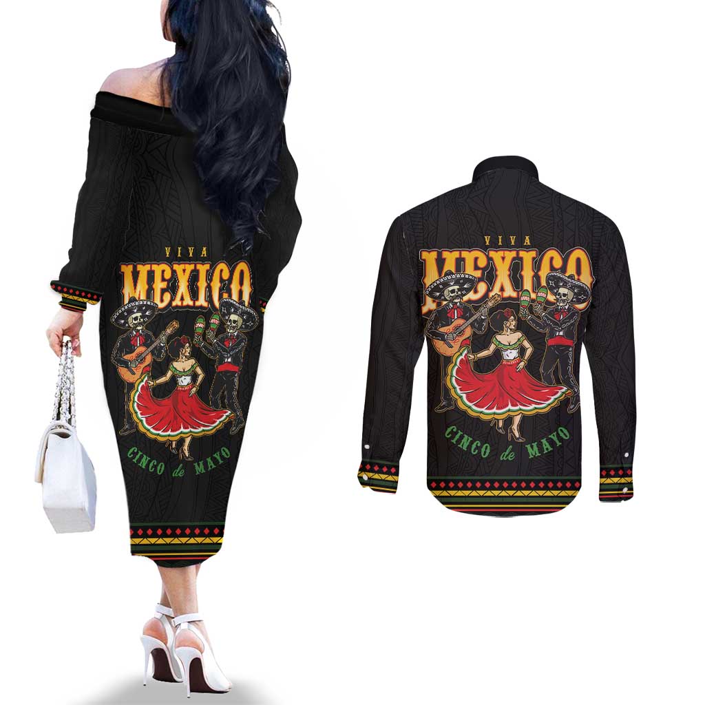 Mexico Cinco de Mayo Couples Matching Off The Shoulder Long Sleeve Dress and Long Sleeve Button Shirt El Dia de la Batalla de Puebla