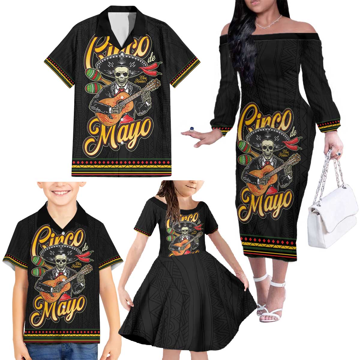 Mexico Cinco de Mayo Family Matching Off The Shoulder Long Sleeve Dress and Hawaiian Shirt El Dia de la Batalla de Puebla