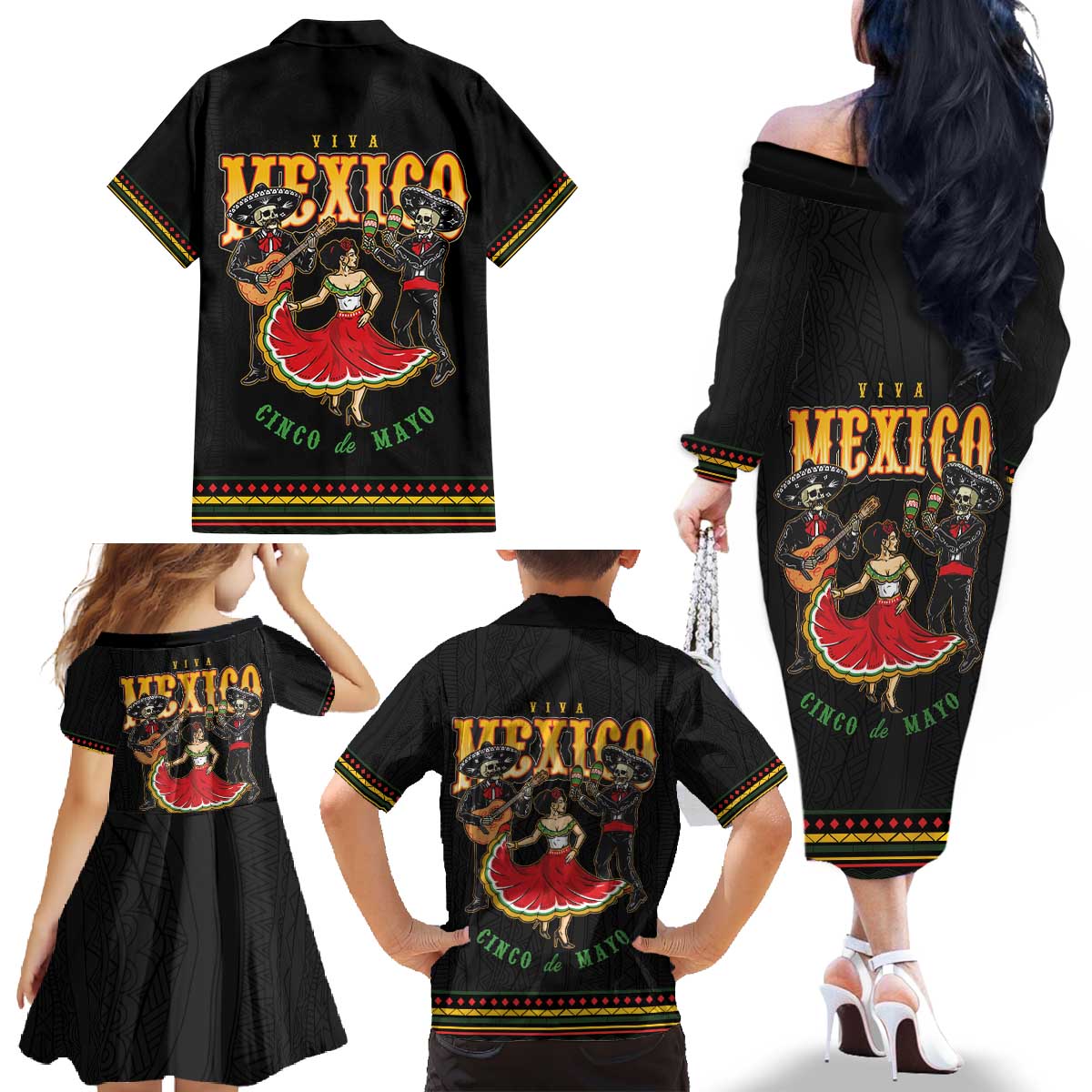 Mexico Cinco de Mayo Family Matching Off The Shoulder Long Sleeve Dress and Hawaiian Shirt El Dia de la Batalla de Puebla