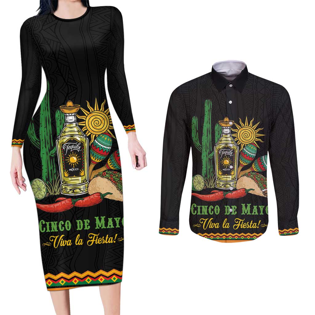 Mexico Cinco de Mayo Couples Matching Long Sleeve Bodycon Dress and Long Sleeve Button Shirt Viva la Fiesta!