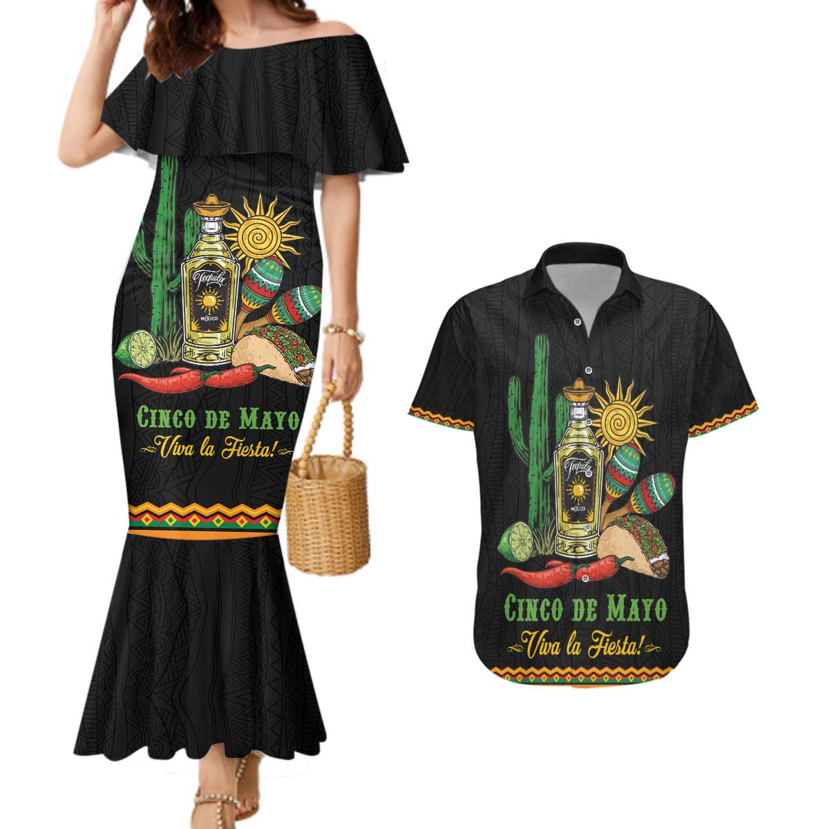 Mexico Cinco de Mayo Couples Matching Mermaid Dress and Hawaiian Shirt Viva la Fiesta!