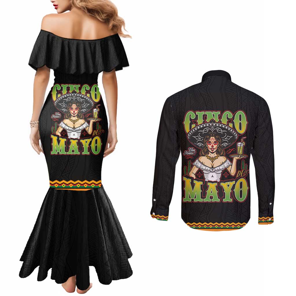 Mexico Cinco de Mayo Couples Matching Mermaid Dress and Long Sleeve Button Shirt Viva la Fiesta!