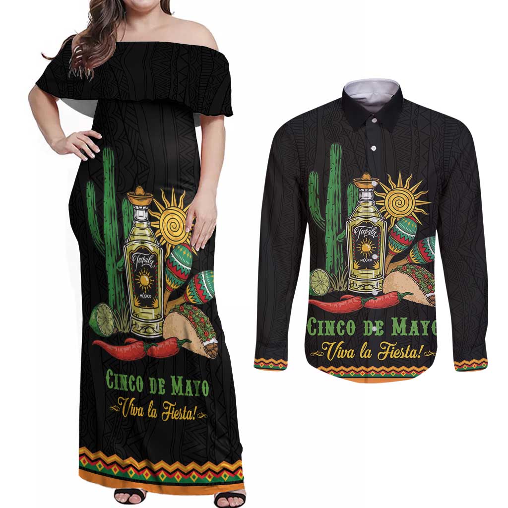 Mexico Cinco de Mayo Couples Matching Off Shoulder Maxi Dress and Long Sleeve Button Shirt Viva la Fiesta!