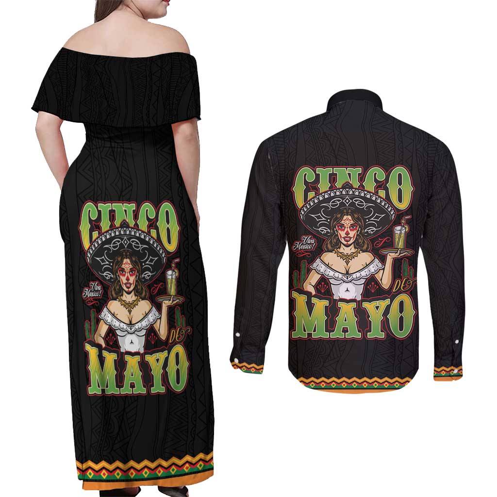 Mexico Cinco de Mayo Couples Matching Off Shoulder Maxi Dress and Long Sleeve Button Shirt Viva la Fiesta!