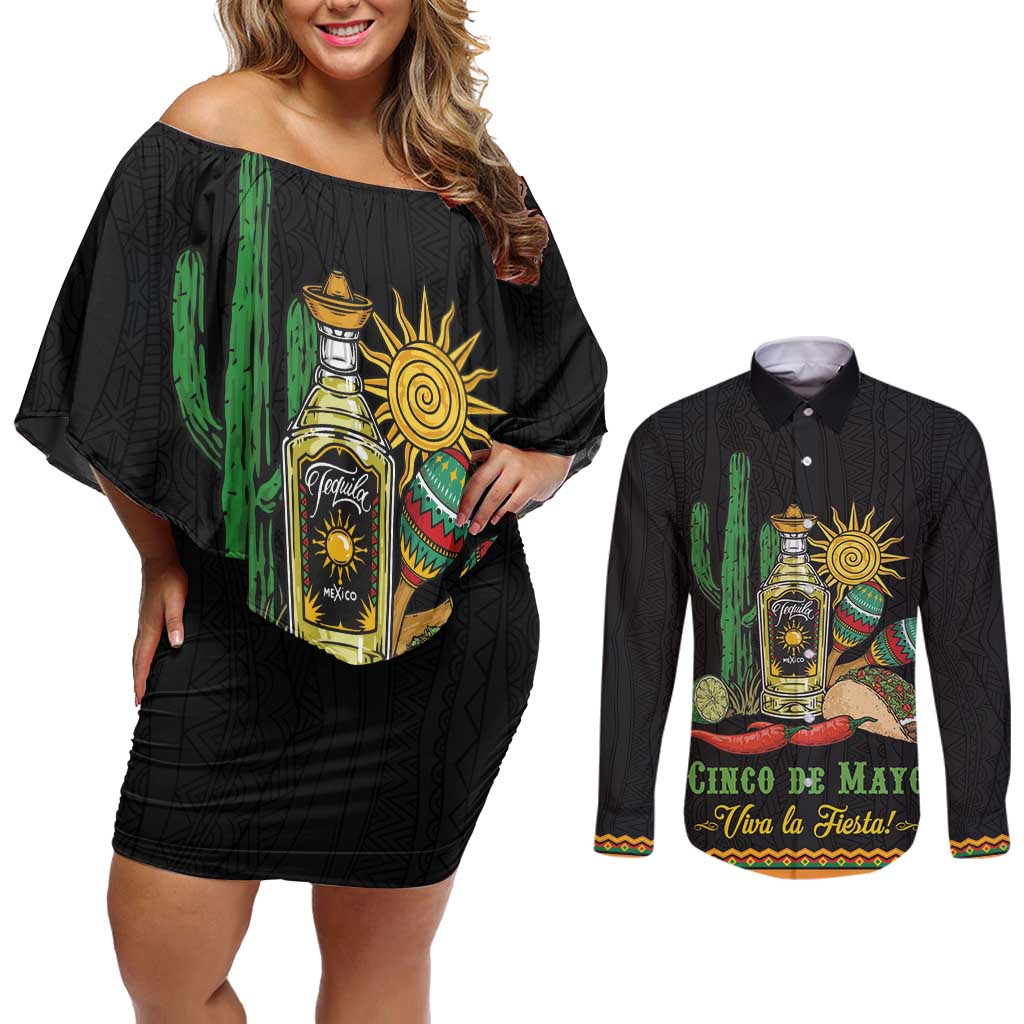 Mexico Cinco de Mayo Couples Matching Off Shoulder Short Dress and Long Sleeve Button Shirt Viva la Fiesta!