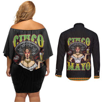 Mexico Cinco de Mayo Couples Matching Off Shoulder Short Dress and Long Sleeve Button Shirt Viva la Fiesta!