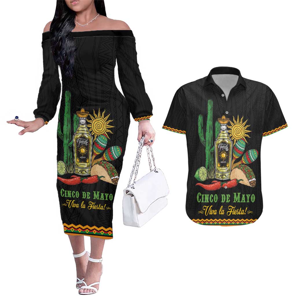 Mexico Cinco de Mayo Couples Matching Off The Shoulder Long Sleeve Dress and Hawaiian Shirt Viva la Fiesta!