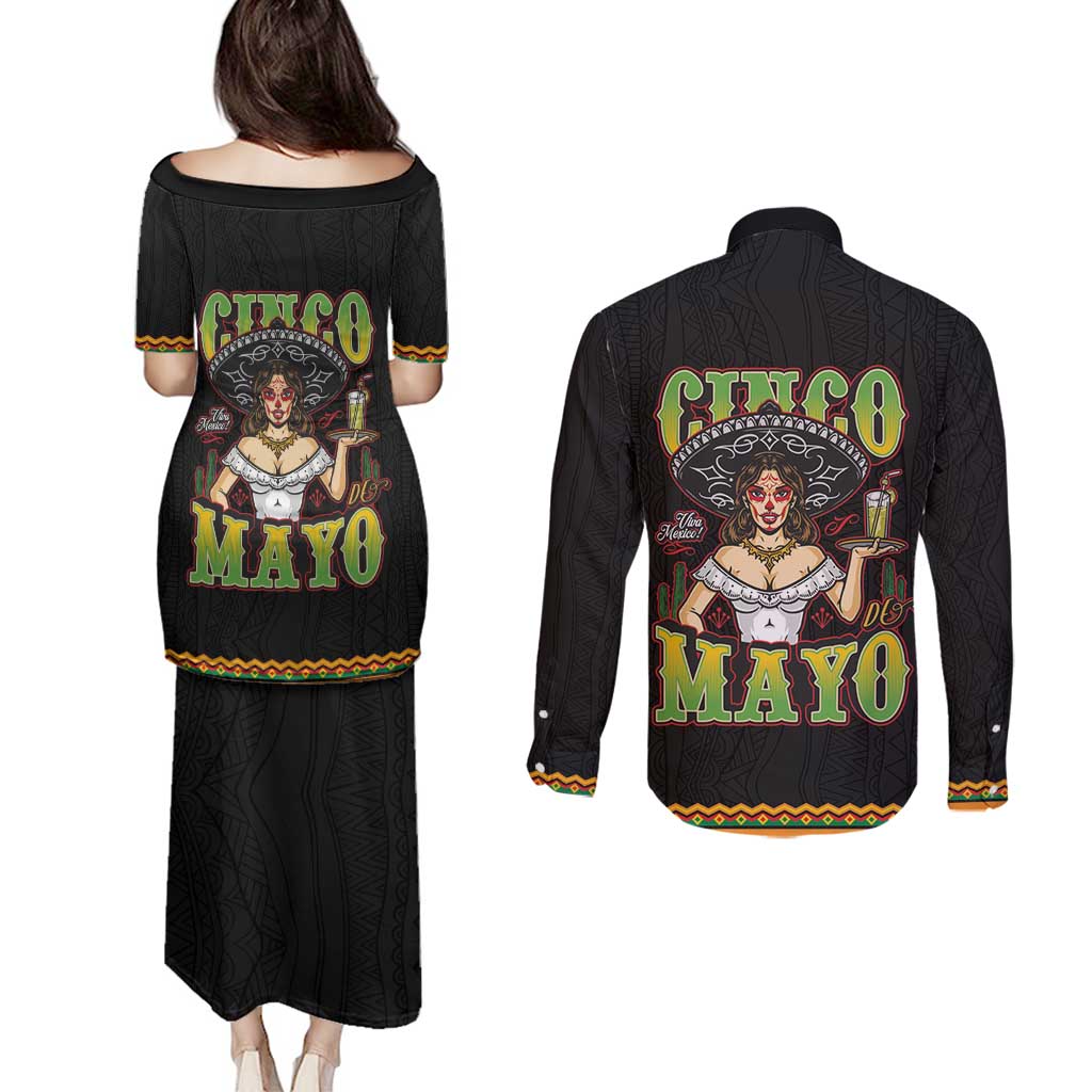 Mexico Cinco de Mayo Couples Matching Puletasi and Long Sleeve Button Shirt Viva la Fiesta!