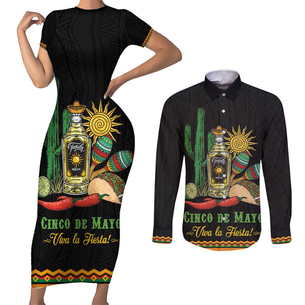 Mexico Cinco de Mayo Couples Matching Short Sleeve Bodycon Dress and Long Sleeve Button Shirt Viva la Fiesta!