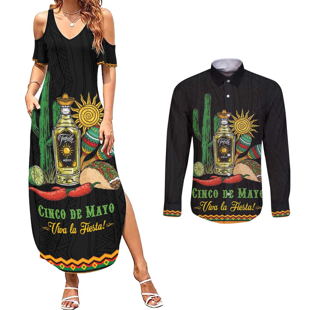 Mexico Cinco de Mayo Couples Matching Summer Maxi Dress and Long Sleeve Button Shirt Viva la Fiesta!