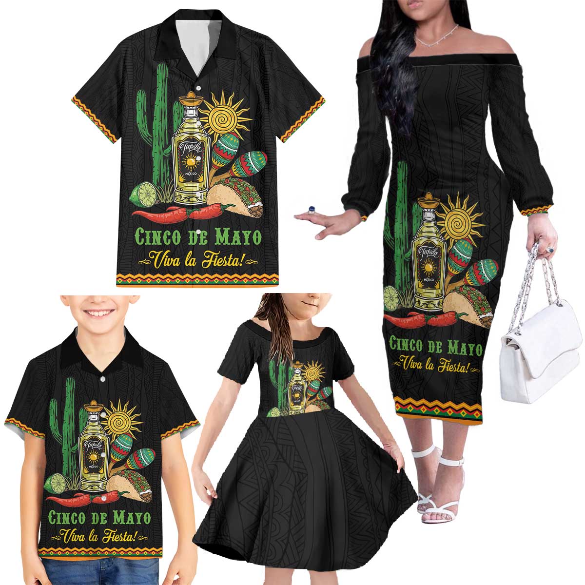 Mexico Cinco de Mayo Family Matching Off The Shoulder Long Sleeve Dress and Hawaiian Shirt Viva la Fiesta!