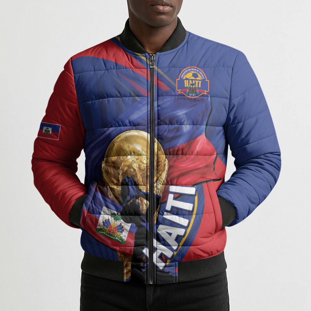 Personalized Haiti Football Champions Bomber Puffer Jacket National Pride Gold Trophy