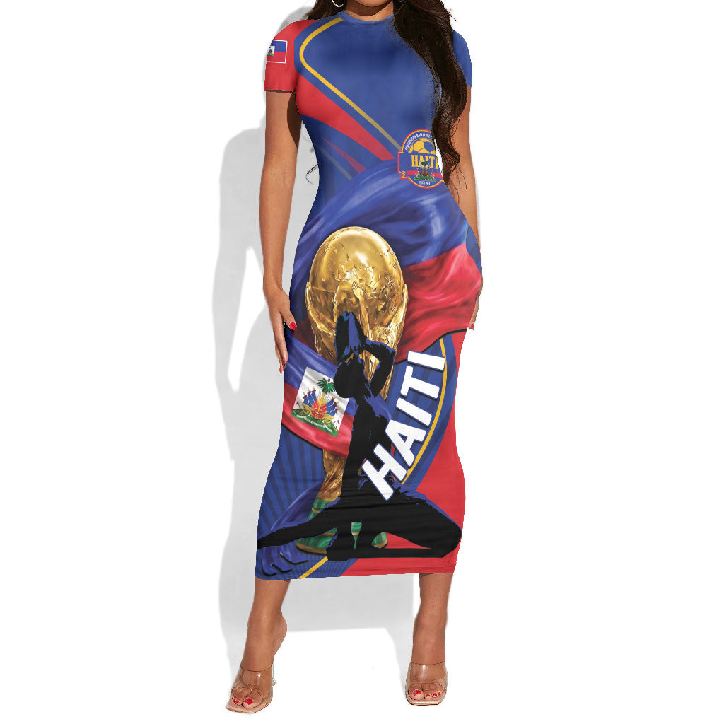 Personalized Haiti Football Champions Short Sleeve Bodycon Dress National Pride Gold Trophy