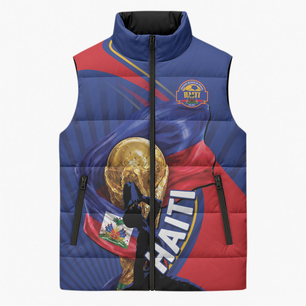 Personalized Haiti Football Champions Sleeveless Puffer Jacket National Pride Gold Trophy