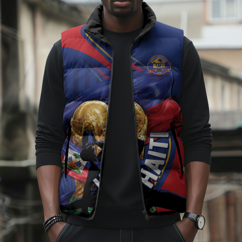 Personalized Haiti Football Champions Sleeveless Puffer Jacket National Pride Gold Trophy