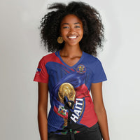 Personalized Haiti Football Champions Women V-Neck T-Shirt National Pride Gold Trophy
