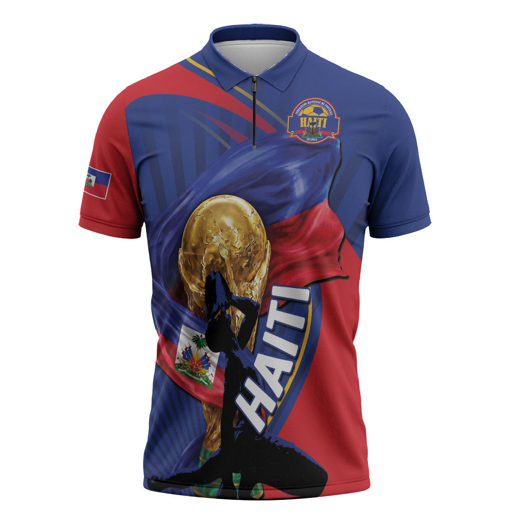 Personalized Haiti Football Champions Zipper Polo Shirt National Pride Gold Trophy
