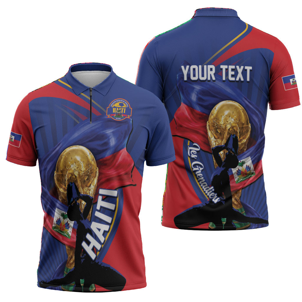 Personalized Haiti Football Champions Zipper Polo Shirt National Pride Gold Trophy
