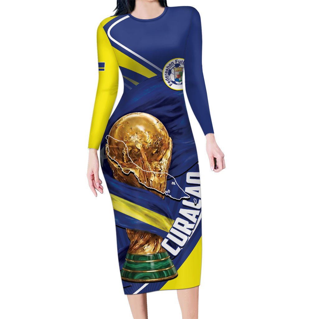 Personalized Curacao Football 2026 Long Sleeve Bodycon Dress Rise of Caribbean Pride