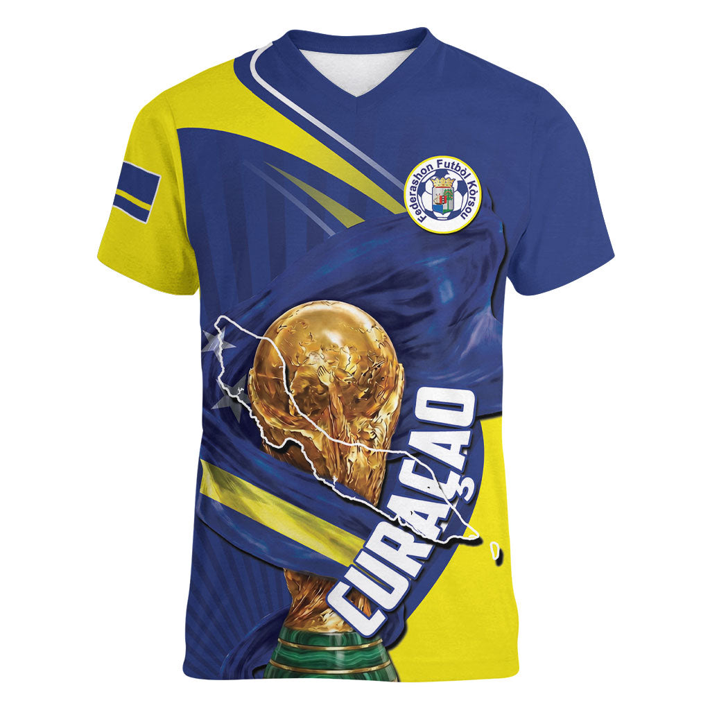 Personalized Curacao Football 2026 Women V-Neck T-Shirt Rise of Caribbean Pride