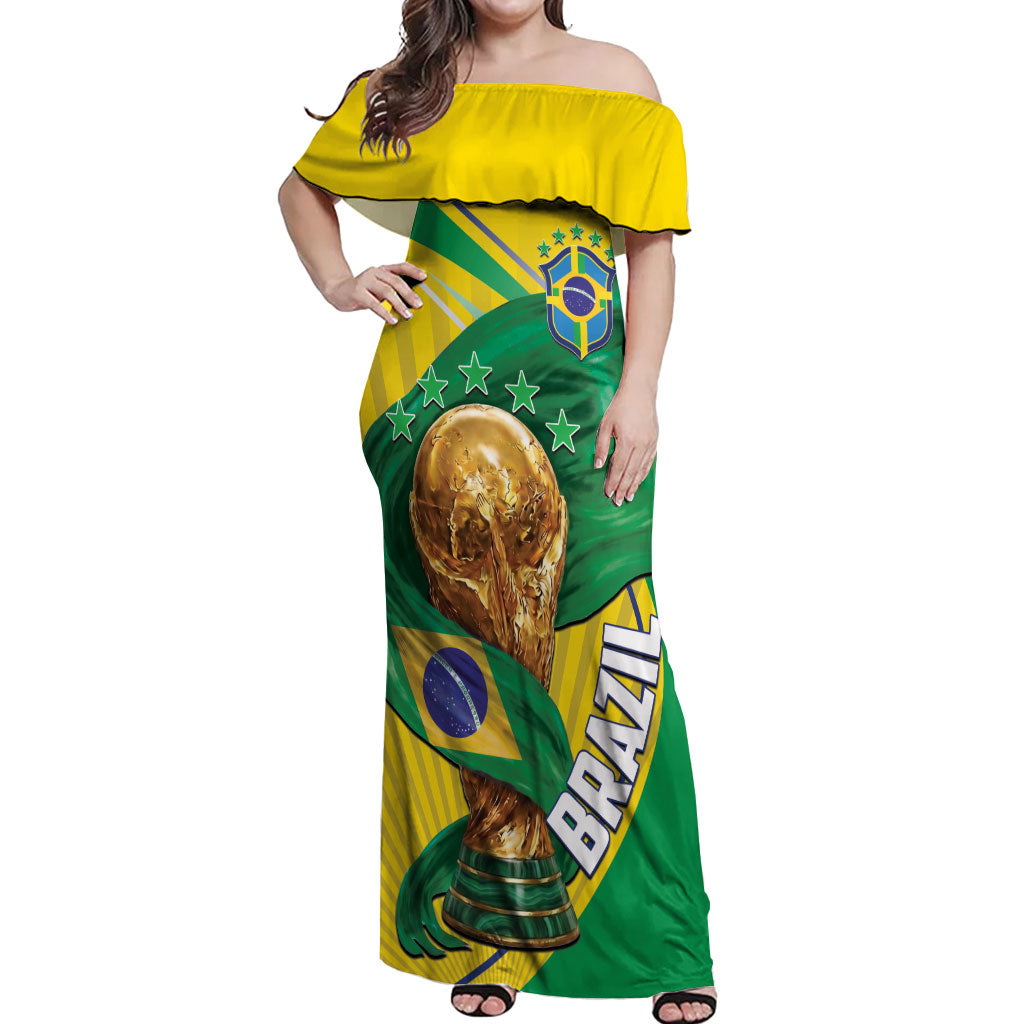 Personalized Brazil Football 2026 Off Shoulder Maxi Dress Born for Glory Let Champions Rise
