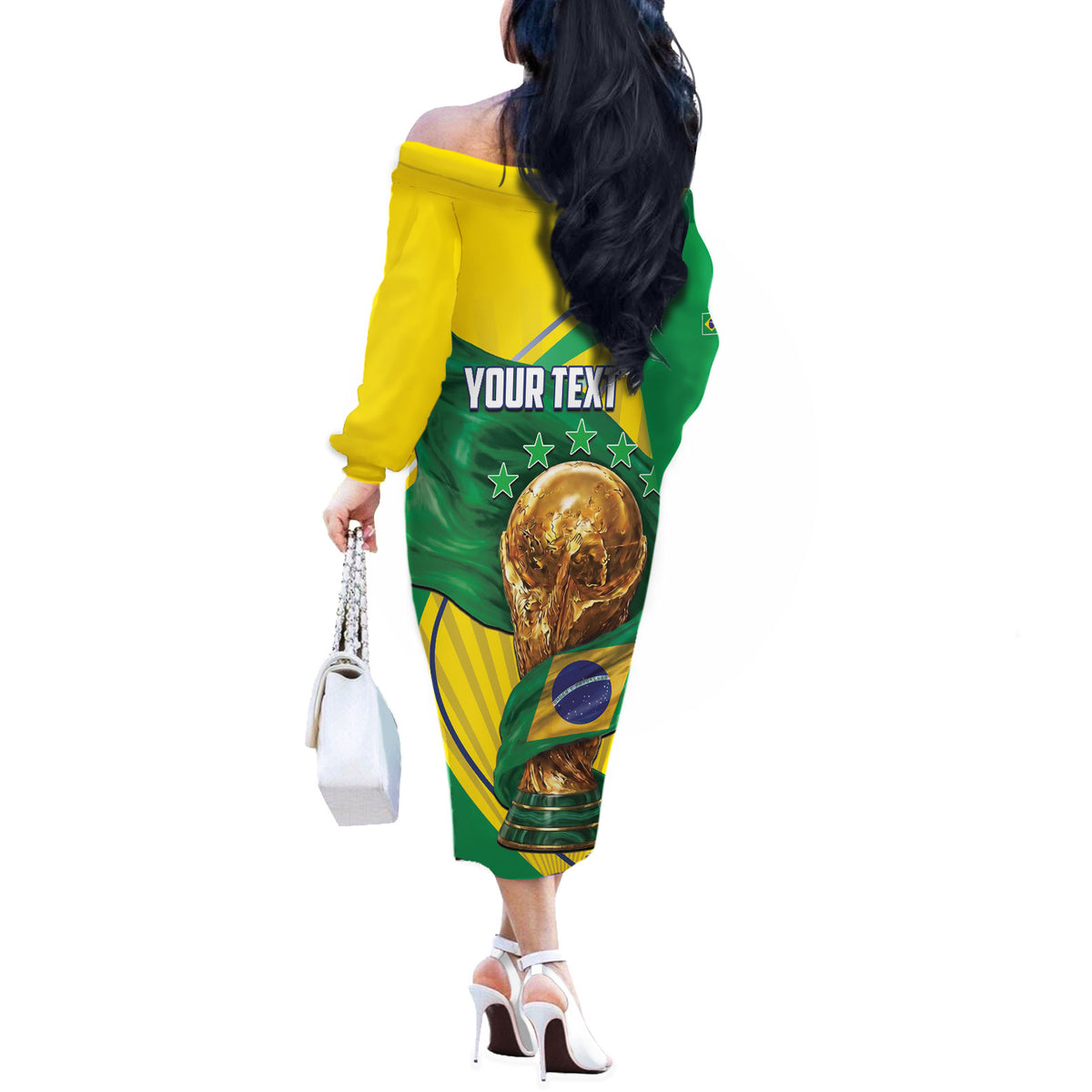 Personalized Brazil Football 2026 Off The Shoulder Long Sleeve Dress Born for Glory Let Champions Rise