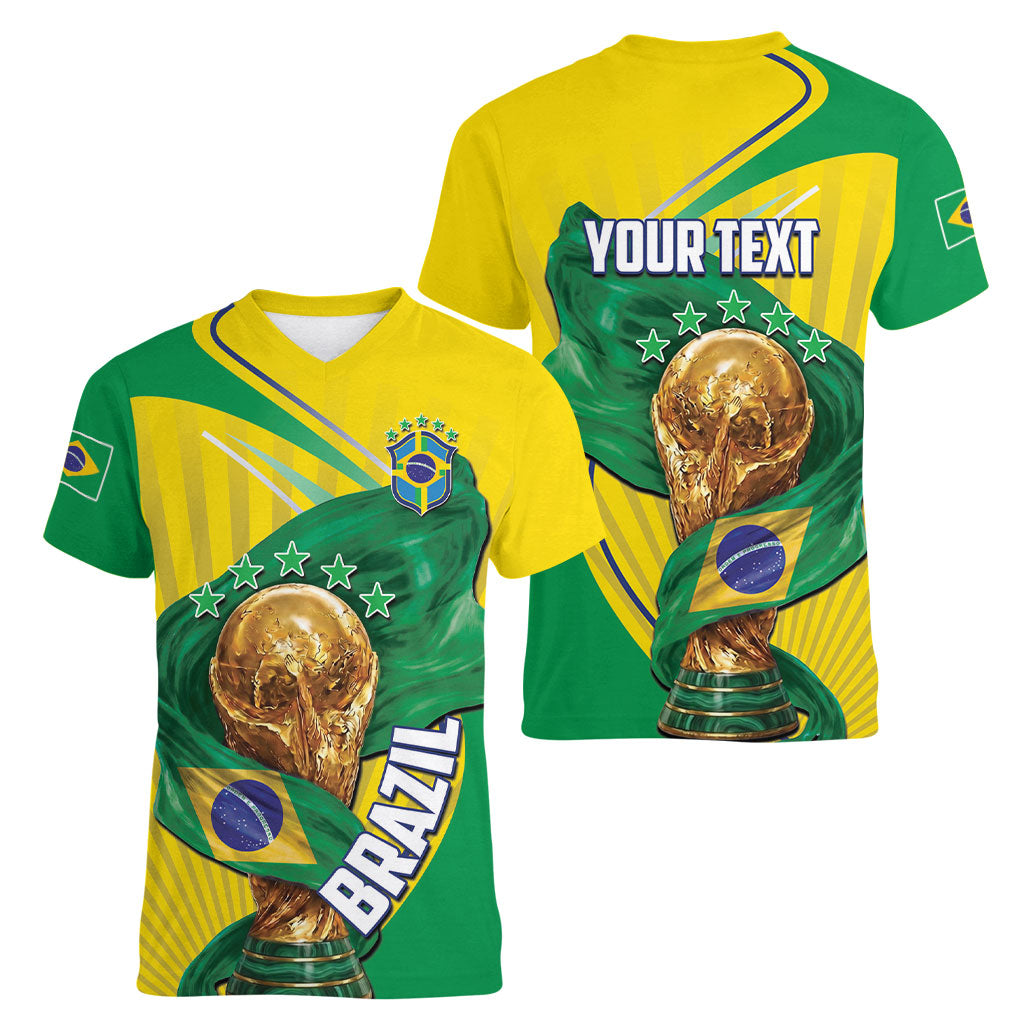 Personalized Brazil Football 2026 Women V-Neck T-Shirt Born for Glory Let Champions Rise