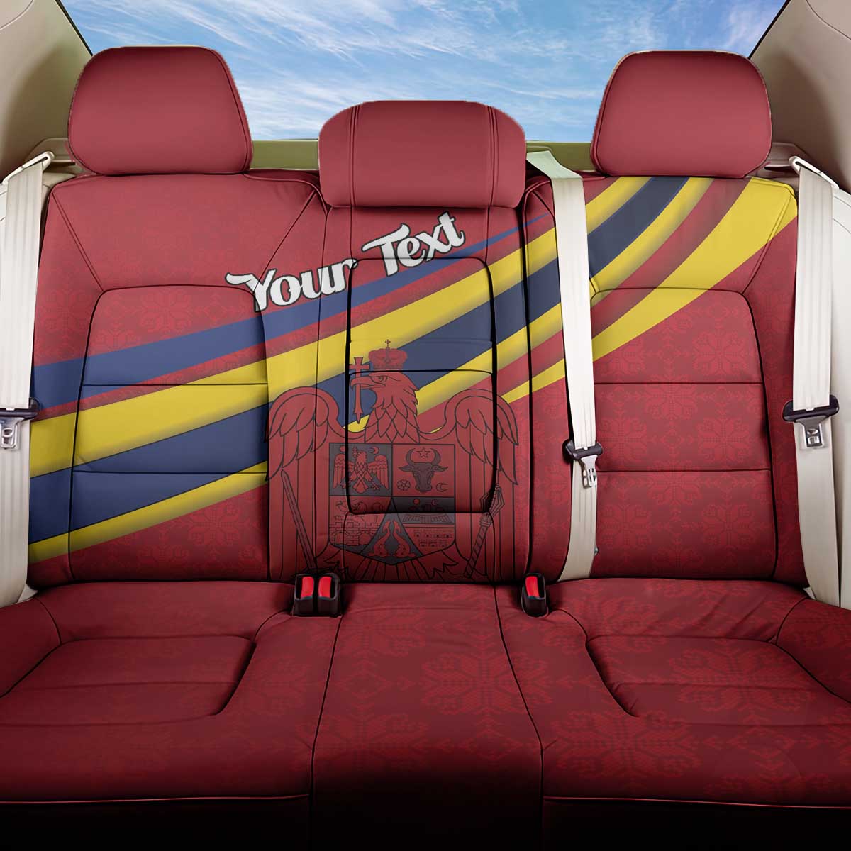 Personalized National Flag Of Romania Day Back Car Seat Cover Coat of arms