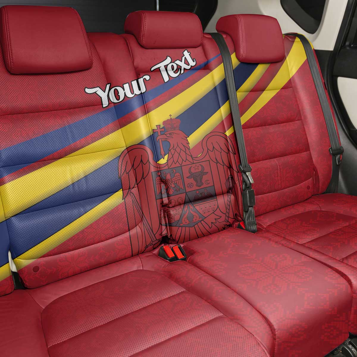 Personalized National Flag Of Romania Day Back Car Seat Cover Coat of arms