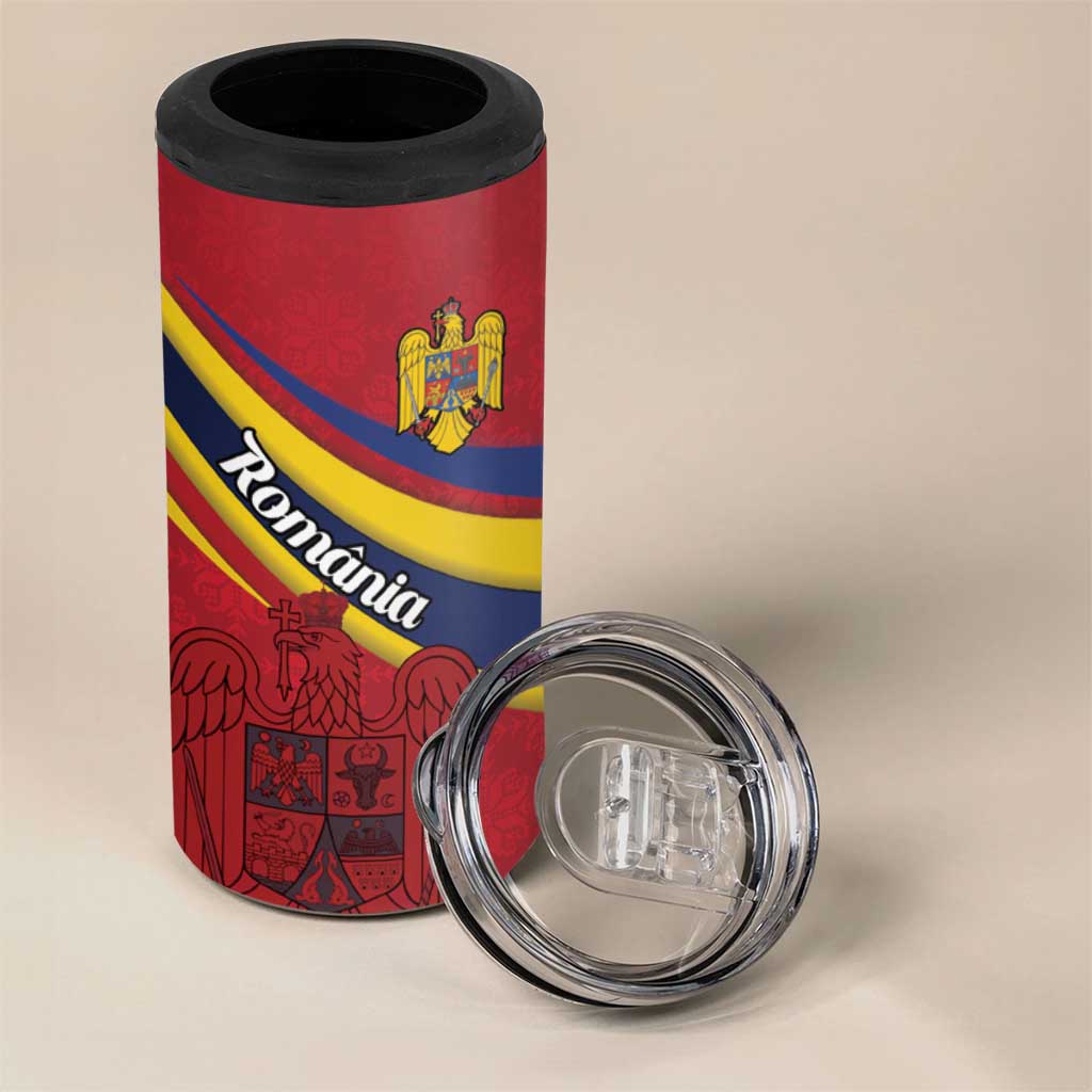 Personalized National Flag Of Romania Day 4 in 1 Can Cooler Tumbler Coat of arms